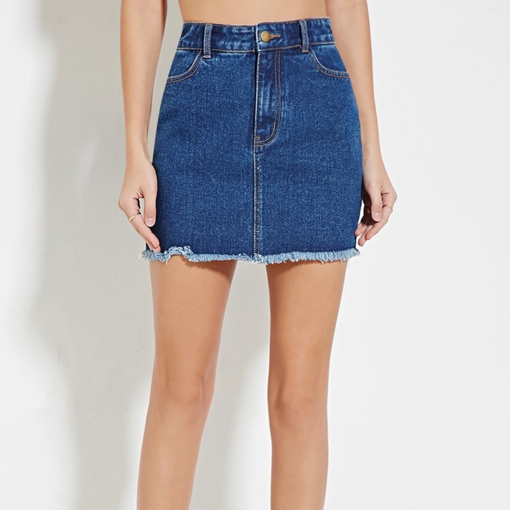 Denim mini skirt jean blue frayed raw hem short hi